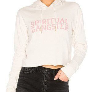 SPIRITUAL GANGSTER WHITE CROPPED HOODIE WITH PINK LETTERING - SIZE SMALL